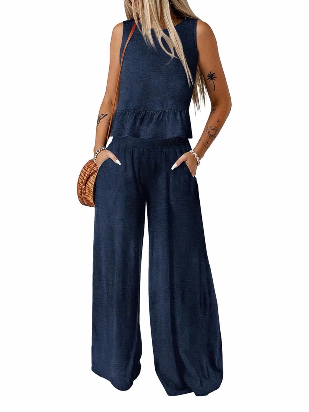 Navy Blue Two-Piece Wide-Leg Pant Set